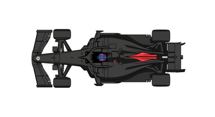 Fototapeta premium Overhead view of a sleek, dark gray Formula One race car with aerodynamic wings and a red interior detail, presented in a vector illustration against a stark white background