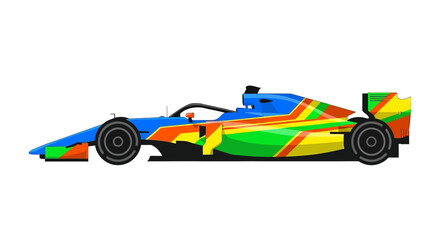 Fototapeta premium Side view of a vibrant, colorfully painted formula race car with blue, green, yellow, and orange hues speeding by, captured as a clean vector illustration isolated against a bright white