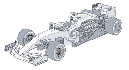 Fototapeta premium Detailed technical illustration of a Formula One car's internal structure, showcasing the engine and chassis in a cutaway view with a blueprint style against a plain white background