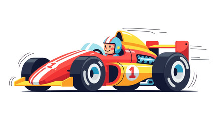 Fototapeta premium A cartoon race car driver smiles from inside a red and yellow open-wheel vehicle speeding across a plain white background, depicted in a flat vector style to illustrate the excitement