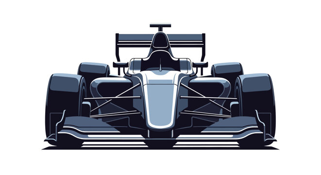 Front view of a sleek, dark blue Formula One race car rendered in a flat, vector illustration style against a plain white background, showcasing its aerodynamic design and conveying speed