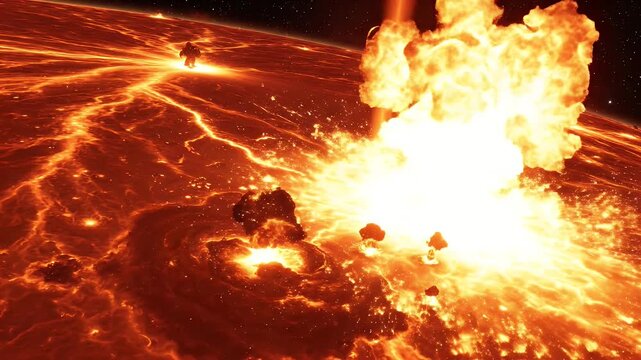 Volcanic planet landscape exploding with lava in the cosmos; 3D render astronomy scene