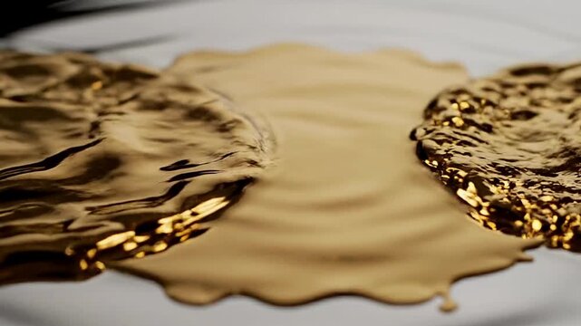Golden liquid spills across a white surface in a messy video scene