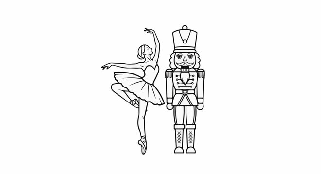Outline drawing of a ballerina and a nutcracker figure