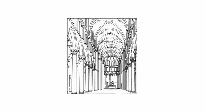 Ornate arched nave of a grand cathedral, drawing