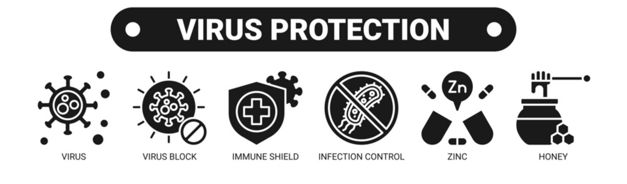 Virus Protection web banner icon vector illustration concept with icons of virus, virus block, immune shield, infection control, zinc, and honey.