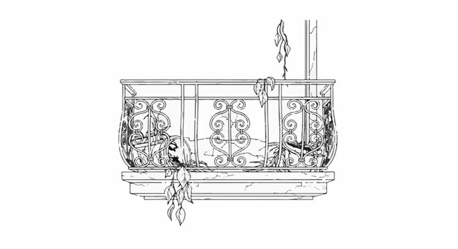 Ornate balcony railing with trailing vines on a stone ledge