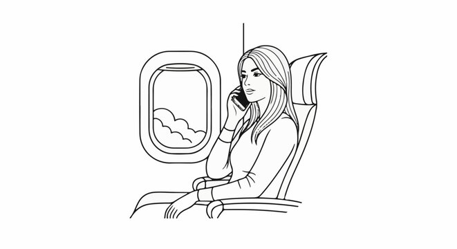 Person in airplane seat talking on phone, clouds visible through window