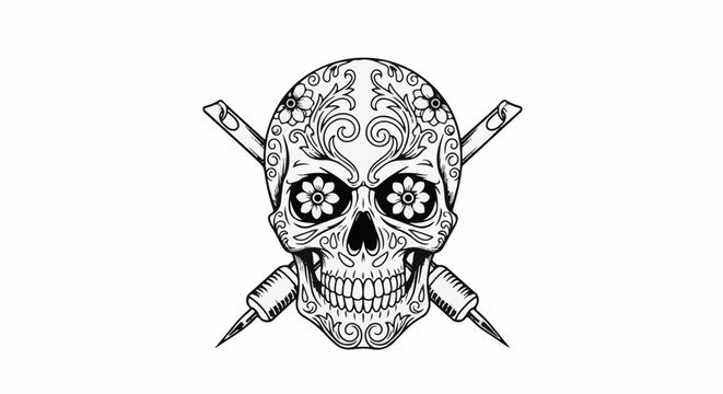 Ornate skull with floral eyes and crossed hypodermic needles