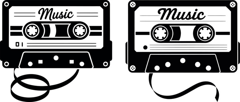Retro music cassette tape with flowing ribbon and the word "music" magnetic tape pop culture audio cassette fast forward recording nostalgia