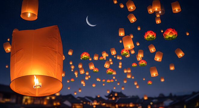 Floating sky lanterns at night with crescent moon and temple rooftops high quality professional detailed modern