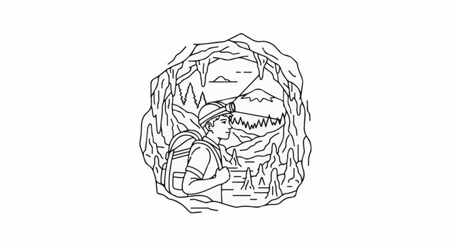 Person in helmet with headlamp explores cave with backpack, views mountains