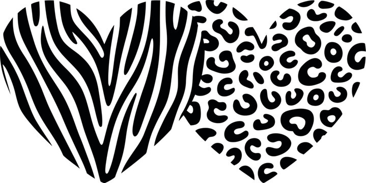 Two hearts overlaid with black and white animal print patterns zebra and leopard graphic design illustration monochrome template background