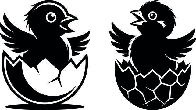 Two black silhouette chicks hatching from cracked eggs symbolizing new beginnings and spring baby bird cracked egg hatching new life silhouette