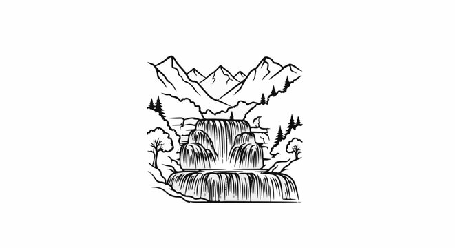 Majestic waterfall cascades amidst rocky cliffs and towering mountain peaks, surrounded by trees