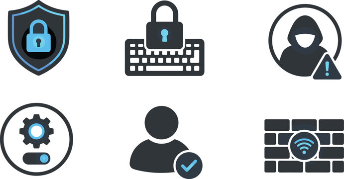 Cyber, security, icons, set, featuring, data, protection, shield, encrypted, keyboard, hacker, alert, system, settings, user, authentication, and, wireless, network, firewall, safety.