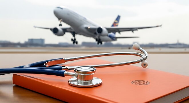 Medical Stethoscope on Notebook Near Airplane.