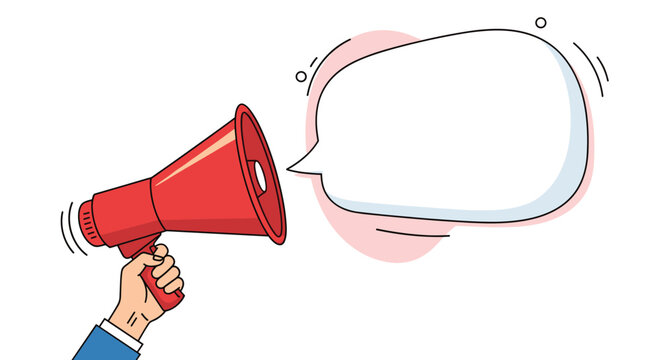 Hand holding a megaphone with a large blank speech bubble for customizable text on a clean white background for advertising.