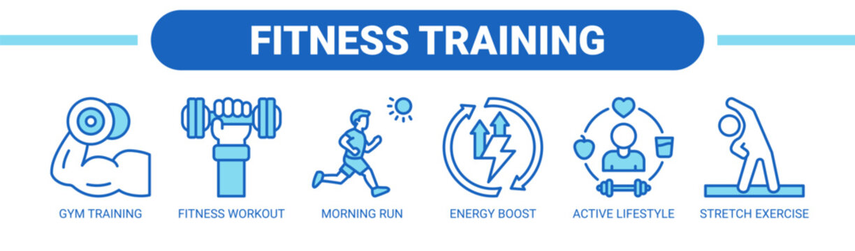 Fitness Training web banner icon vector illustration concept with icons of gym training, fitness workout, morning run, energy boost, active lifestyle, and stretch exercise. 