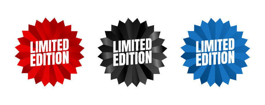 Limited edition badge, red, black and blue starburst stickers set, vector illustration