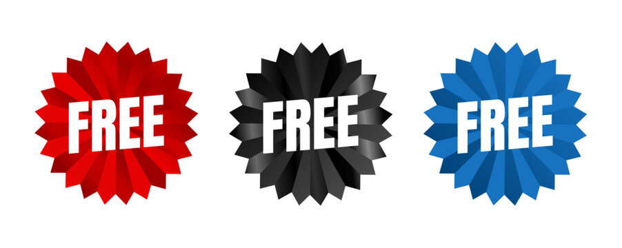 Free badge, red, black and blue starburst stickers set, vector illustration