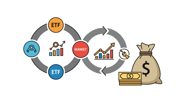 Financial market illustration showing etf cycles with money bags and growth charts to represent investment strategies and wealth.
