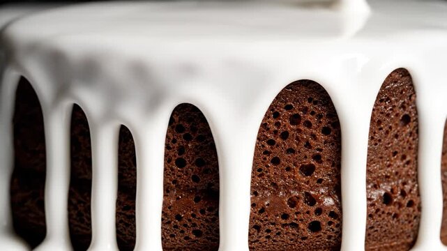 Chocolate cake with white icing dripping down sides showing moist texture rich color baked sweet creamy dessert food confection perfect indulgence and inviting appearance