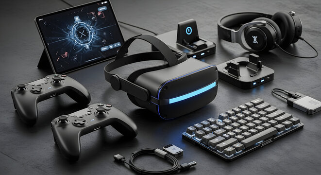 gaming setup with vr headset and accessories on dark surface