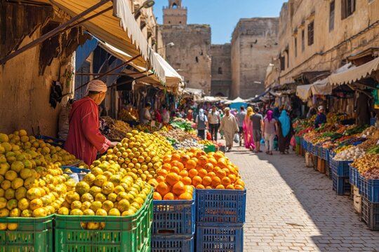 Moroccan vendor selling fresh citrus fruit in a busy fes medina souk