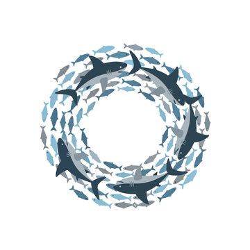 A circular frame made of many small fish and several large sharks swimming together