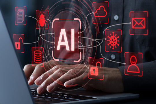 Hacker using AI to automate cyberattacks and exploit vulnerabilities in systems. Sophisticated cyber threats such as phishing and malware attacks.