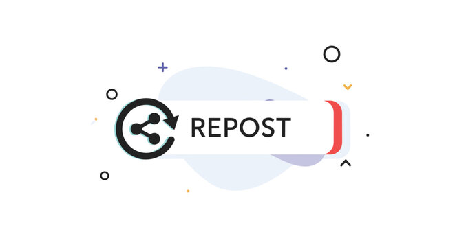 Stylish repost button icon with share symbol and decorative abstract elements for social media interaction concepts.