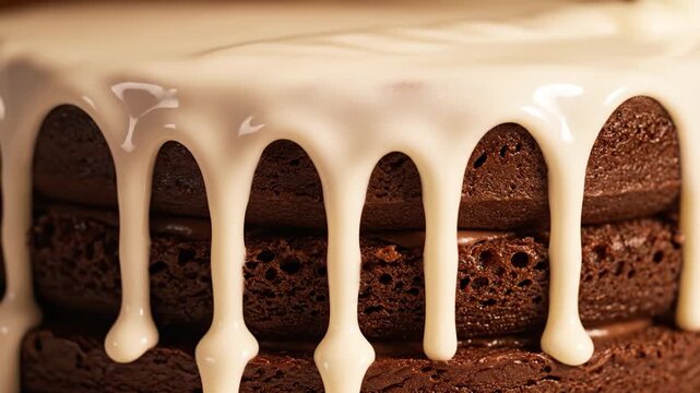 Chocolate cake with creamy white icing dripping down sides, showcasing rich texture and moist layers, creating sweet, rich, moist dessert with creamy layers and drip icing indulgence