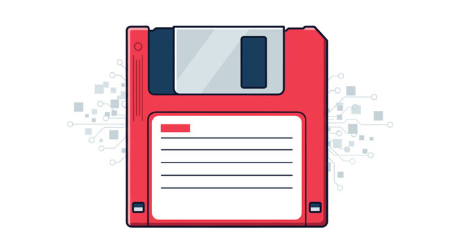 Retro red floppy disk icon representing vintage data storage and computing technology with circuit board patterns.