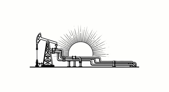 Oil pumpjack and pipelines against a radiant sunrise backdrop