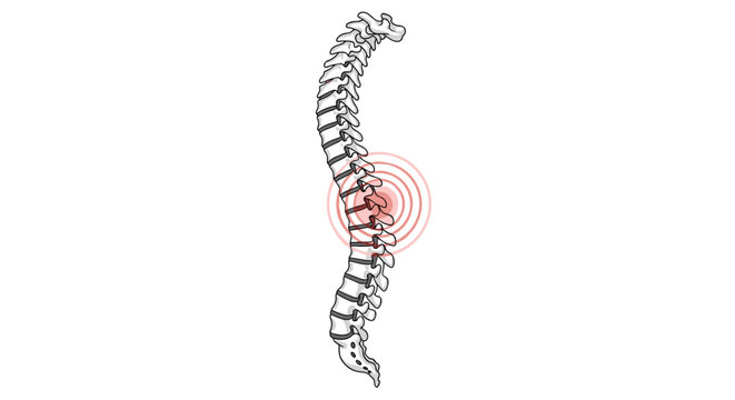 Illustration of a human spine with a red target circle highlighting the lower back region for pain and medical study.