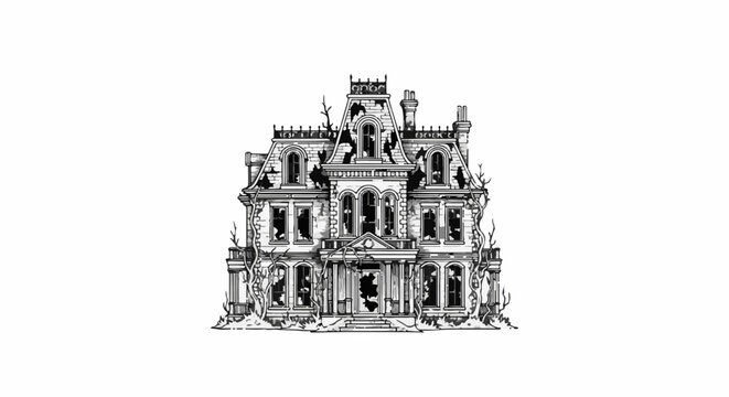 Ornate, decrepit Victorian mansion with broken windows and overgrown vines