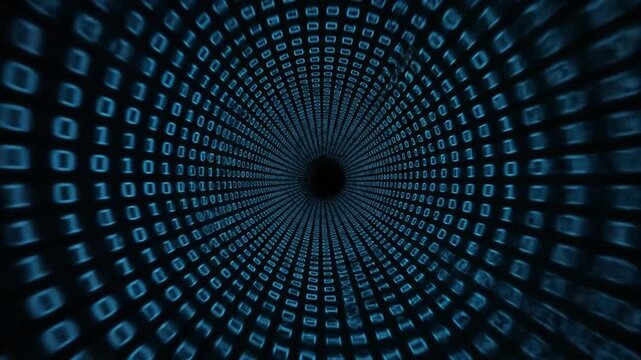 Binary code tunnel swirls in dark abstract background