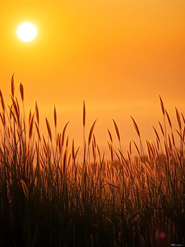 Golden sunrise illuminates tall grass with soft light rays, a hazy horizon stretches out in the distance, peaceful landscape unfolds, haze, rustic