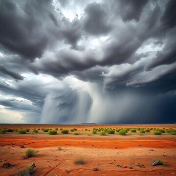 Gray storm clouds loom large over parched earth, grey skies, precipitation