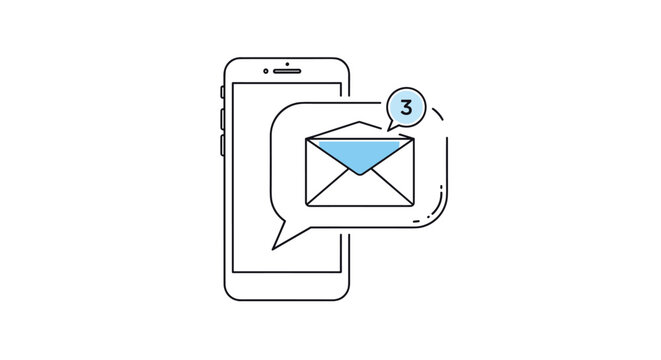 Minimalist smartphone outline with an unread email notification showing three new messages in a speech bubble for digital communication.