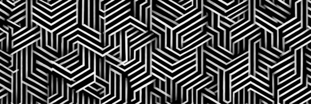 Abstract stripped pattern creating intricate three dimensional geometric shapes and optical illusion. Isometric black and white striped geometric pattern creating abstract maze