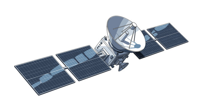 Space satellite with solar panels and parabolic dish antenna representing global communication and orbital technology systems.