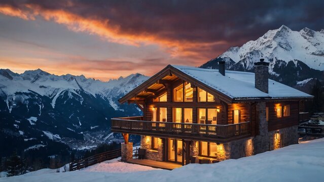 Luxury mountain chalet illuminated at dusk with snow-capped peaks