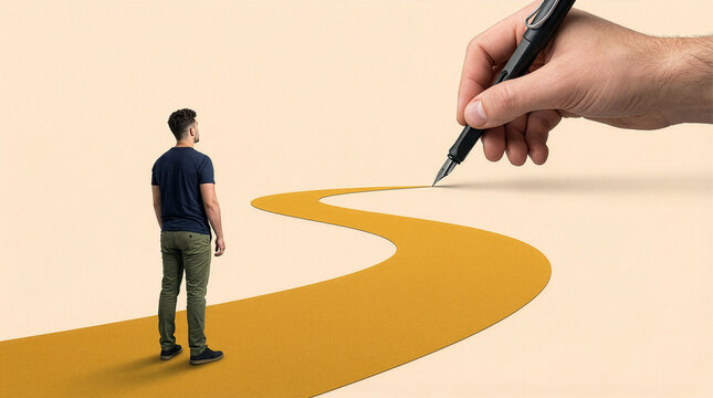 Giant hand drawing yellow path for miniature man standing on beige background