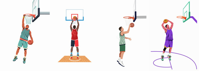 Collection of four stylized basketball player illustrations showing various game moves including dunks, layups, and jump shots isolated on a white background. © Payandu