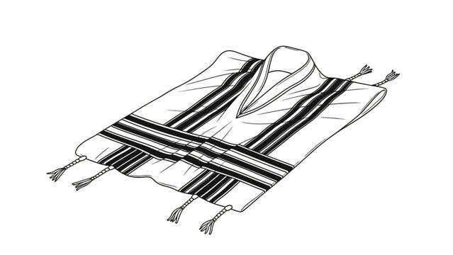 Black and White Line Art Illustration of Jewish Tallit Katan with Tzitzit Tassels.