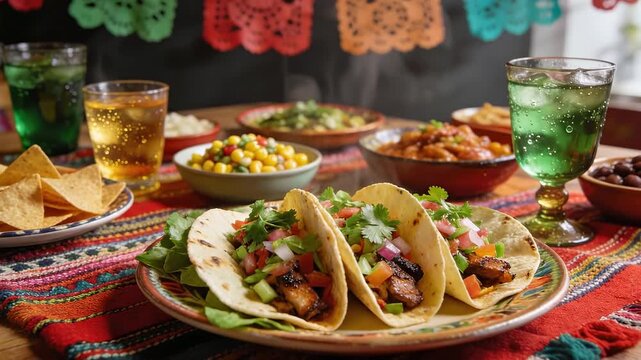 Traditional Mexican tacos on a festive table with chips and salsa. Steaming hot food spread with colorful drinks and papel picado banners. Authentic cuisine celebration