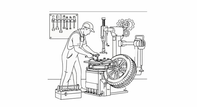 Mechanic working on tire balancing machine with tools on wall