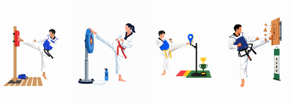 Illustration set of taekwondo athletes in white doboks performing high kicks, target practice, and board breaking exercises in a training studio